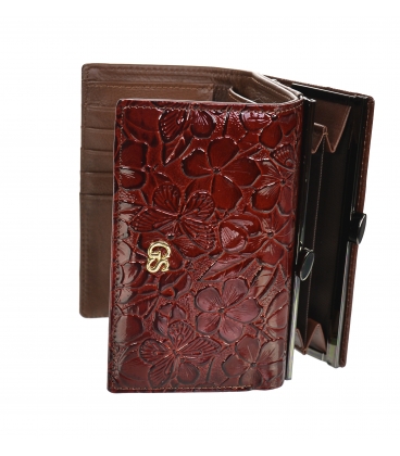 Women's lacquered burgundy brown wallet with a black GROSSO floral pattern