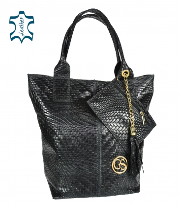 Čierna prepletaná kožená shopper kabelka GSKV067black GROSSO