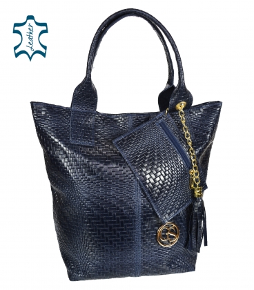 Dark blue braided leather shopper bag GSKV067blue GROSSO