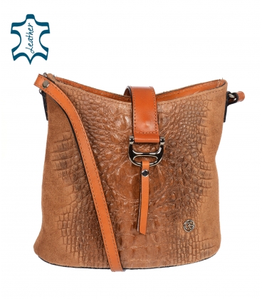 Pale brown leather crossbody handbag with a distinctive croco pattern KM031brown GROSSO BAG