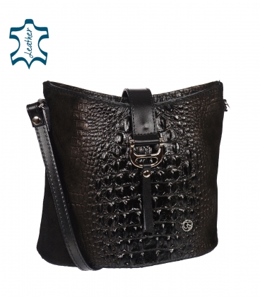 Black leather crossbody handbag with a distinctive croco pattern KM031black GROSSO BAG