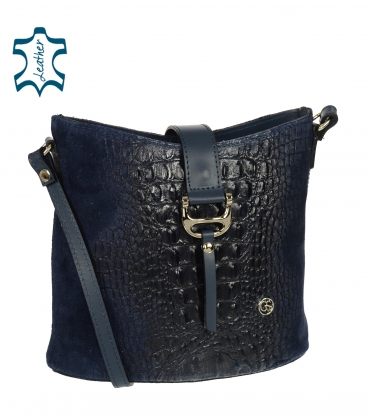 Dark blue leather crossbody handbag with a distinctive croco pattern KM031blue GROSSO BAG