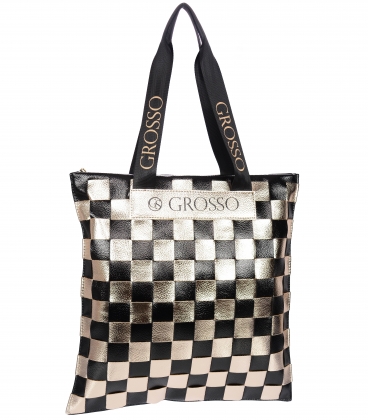 Black and gold shopper handbag with braided chessboard pattern Grosso 19B016goldblack