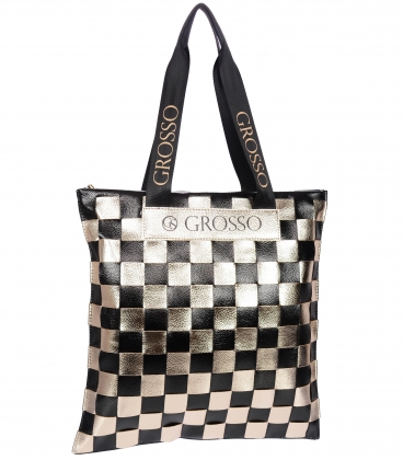 Černo-zlatá shopper kabelka s proplétaným šachovnicovým vzorem Grosso 19B016goldblack
