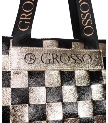 Black and gold shopper handbag with braided chessboard pattern Grosso 19B016goldblack