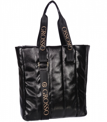 Black handbag with vertical stitching and gold inscription Grosso 19B016blckquiltgold