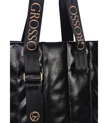 Black handbag with vertical stitching and gold inscription Grosso 19B016blckquiltgold