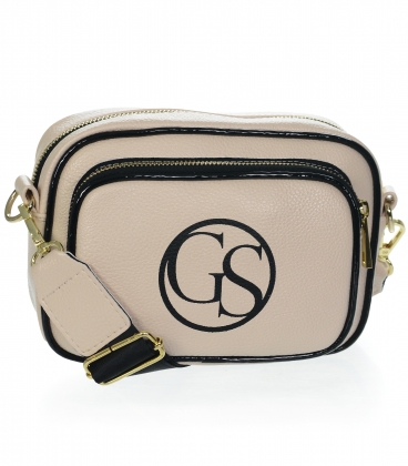 Beige crossbody handbag with black lacquered hem, logo and strap Grosso JCS0011