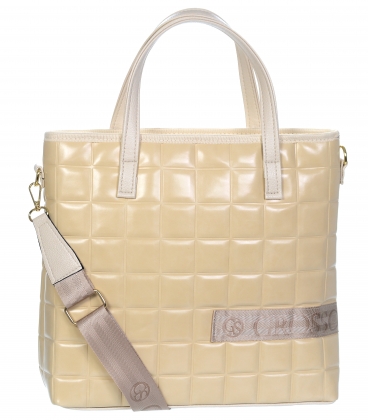 Beige larger handbag with a square pattern decorated with a beige Grosso strap