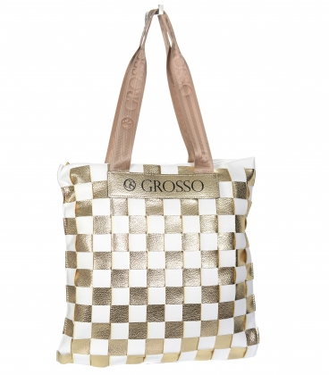 White and gold shopper handbag with braided chessboard pattern Grosso 19B016goldwhite