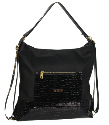 Černá větší kabelka s přední kapsou na zip s lesklým kroko vzorem 17B013 black
