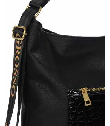 Černá větší kabelka s přední kapsou na zip s lesklým kroko vzorem 17B013 black