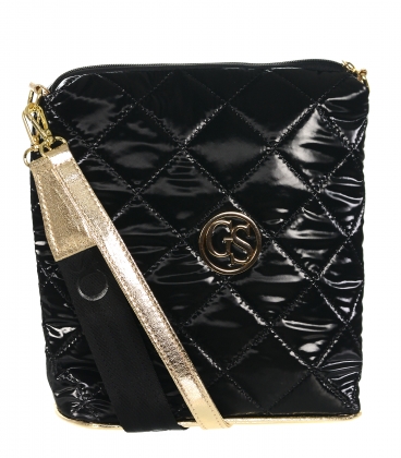 Black glossy quilted crossbody handbag with gold strap Grosso GStx007blackquilted
