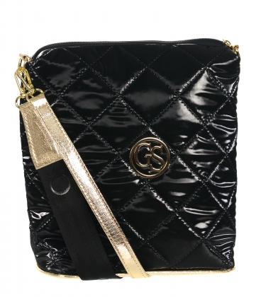 Černá lesklá prošívaná crossbody kabelka se zlatým popruhem Grosso GStx007blackquilted