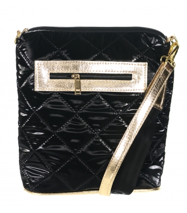 Black glossy quilted crossbody handbag with gold strap Grosso GStx007blackquilted