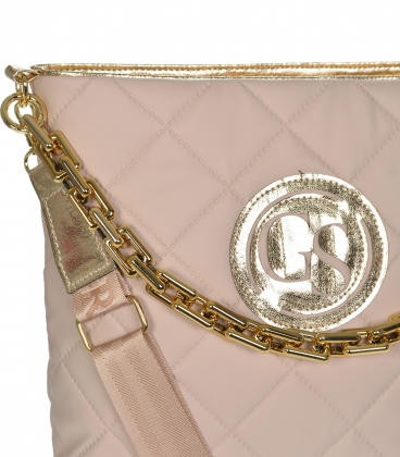Powder-pink textile larger crossbody handbag with quilting and gold chain Grosso 11te56pearl