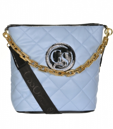Light blue textile larger crossbody handbag with quilting and gold chain Grosso 11te56pearl