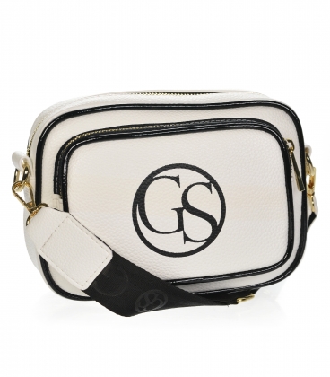 White crossbody handbag with black lacquered hem, logo and strap Grosso JCS0011