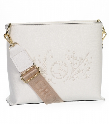 White crossbody handbag with decorative embroidery and chain Grosso C22Mwhiteflowers