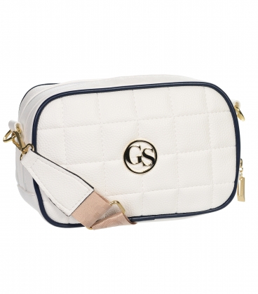 White crossbody handbag with stitching, black trim, logo and Grosso JCS0011