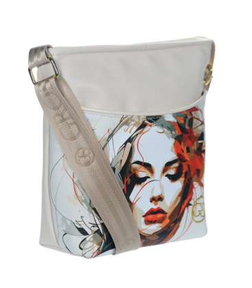 Bézs crossbody kézitáska arany cipzárral és színes nyomattal