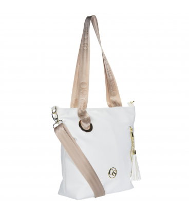 Biela crossbody kabelka s bronzovým remienkom a ozdobným strapcom