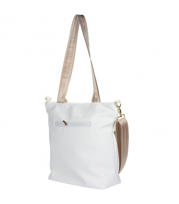 Biela crossbody kabelka s bronzovým remienkom a ozdobným strapcom