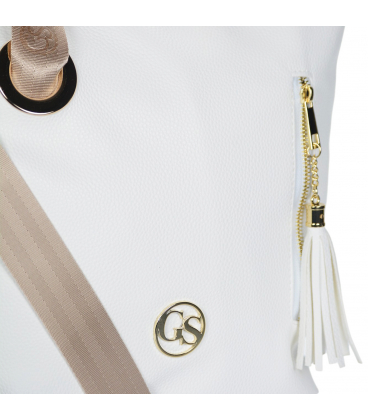 Bílá crossbody kabelka s bronzovým řemínkem a ozdobným střapcem